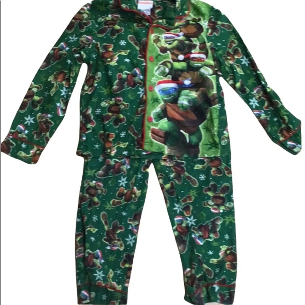 Nickelodeon Santa Ninja‎ Turtles Green Flannel Pajama PJ’s Set Size 8